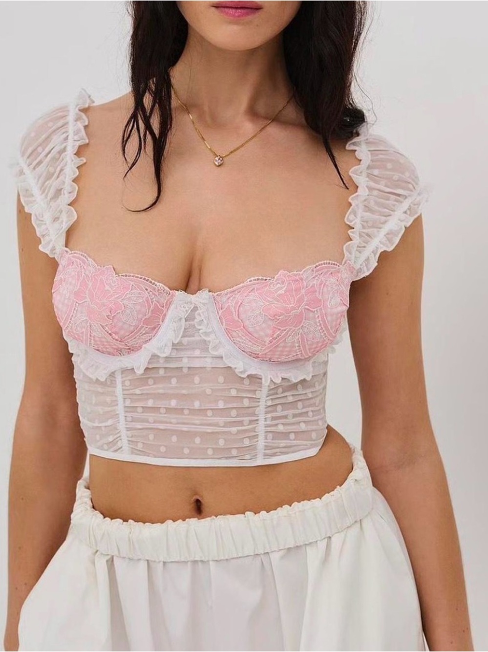For Love And Lemons Pink and White Ruffled Lace Bustier Top
